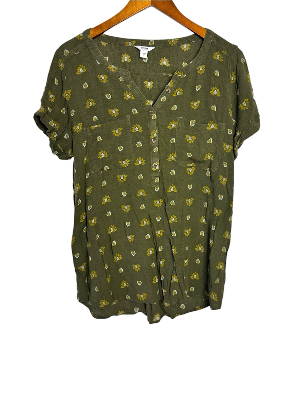 Sonoma Olive Green Floral Half Button-Front Blouse Size L